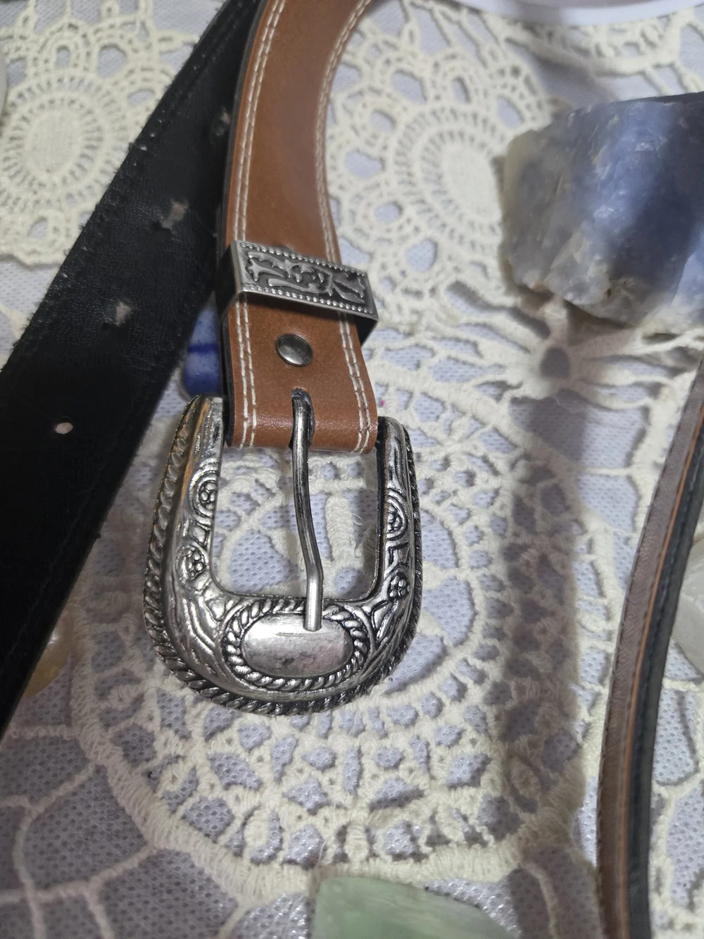 4/$15 Coastal Cowgirl Western-Style Brown Black Leather Belt, Deco Silver Buckle